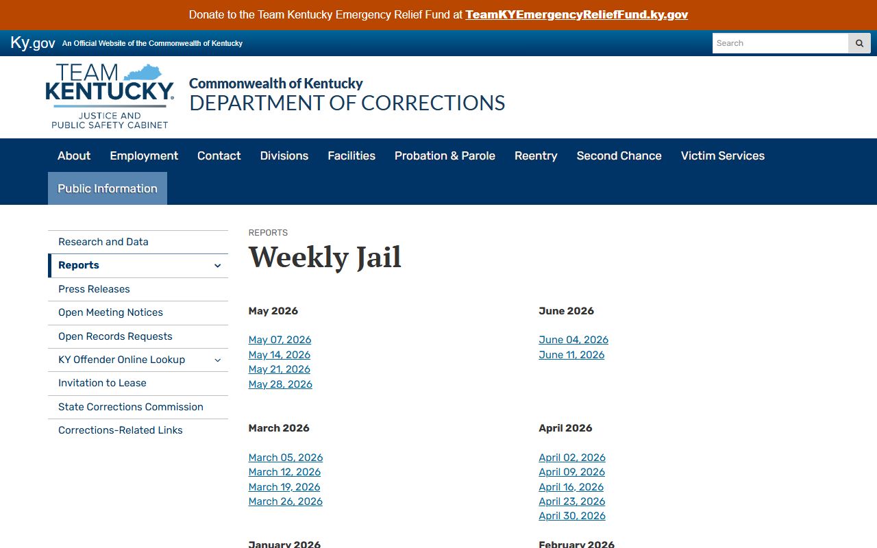 Kentucky DOC weekly jail reports page for Allen County inmate population statistics